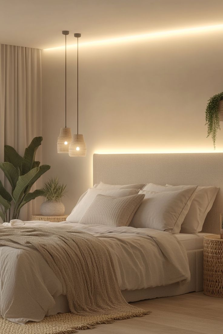 Soft neutral bedroom corner with calm lighting for restful evenings